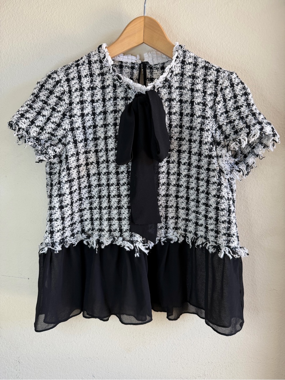 Zara Black & White Tweed Tie-Neck Peplum Blouse